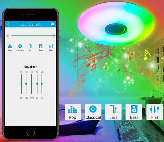 Lâmpadas de Teto RGB Reguláveis, Leitor de Música, Bluetooth, Controle
